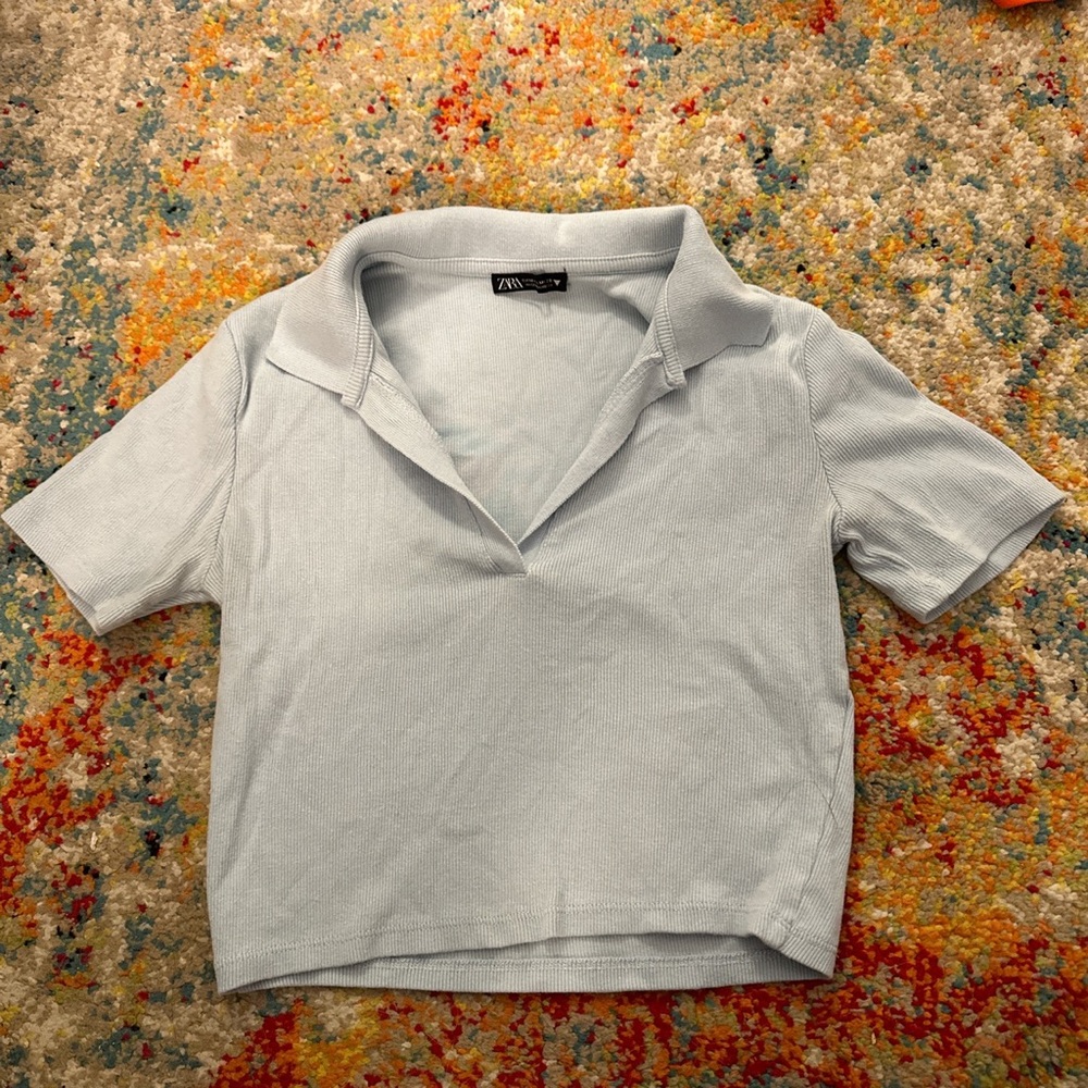 Baby Blue Collared Crop Top - Picture 1 of 2
